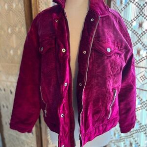 Free People Hot Pink Velvet Trucker Jacket Oversized